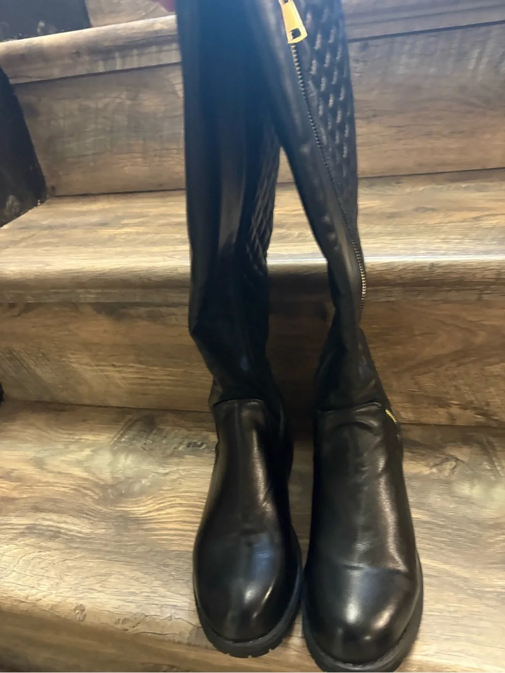 Ardene Black Quilted Over-the-Knee Boots with Gold Zipper